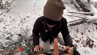 Luna, An Asian Lady, Performs Oral Sex In A Snowy Public Park And Narrowly Avoids Being Seen!